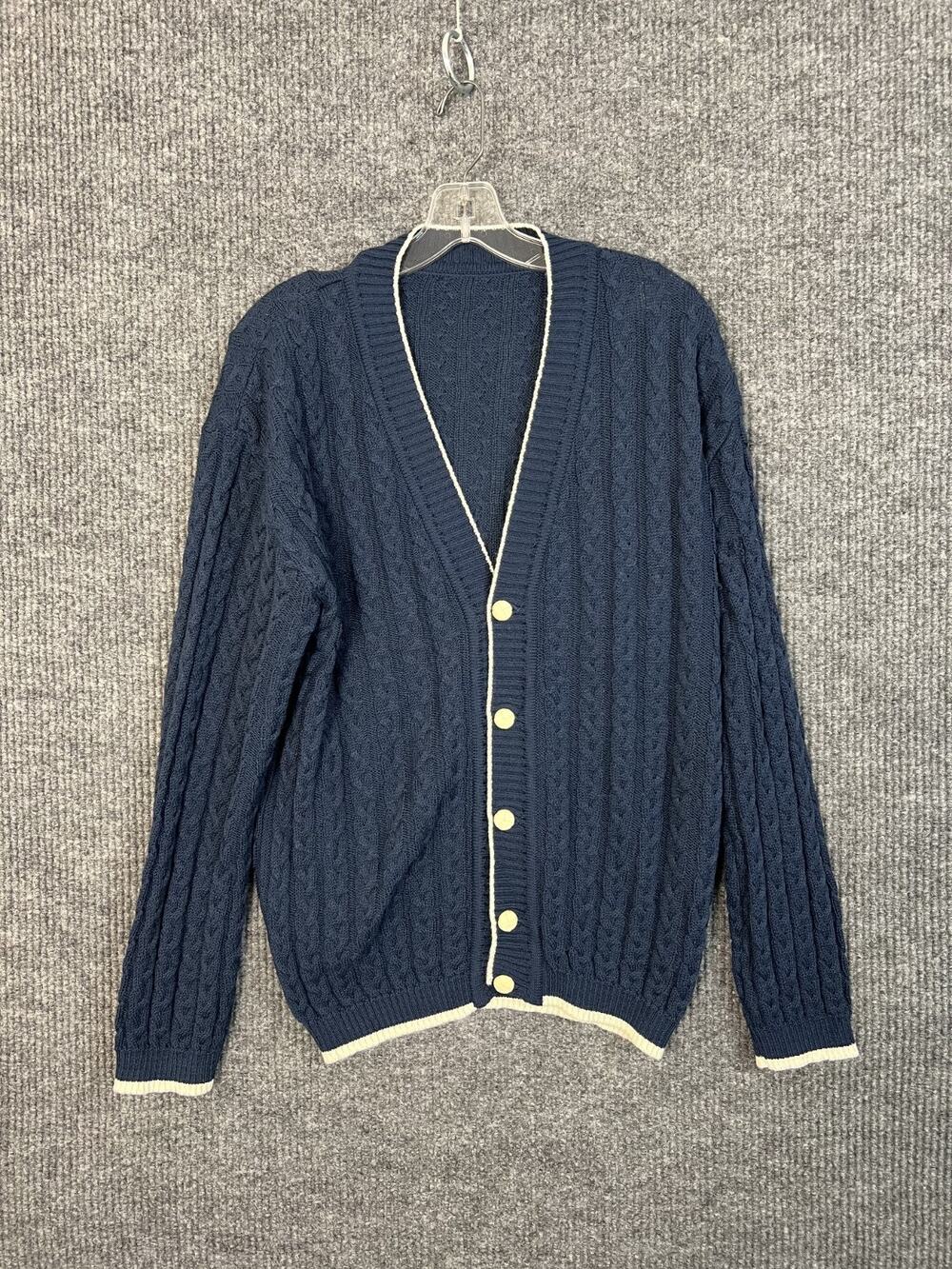 Vintage Mens Cable Knit Cardigan Sweater Medium Blue Shetland Alpaca Wool Preppy